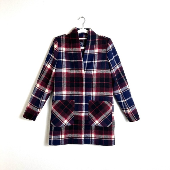 Abercrombie fitch blue red plaid wool blend long coat jacket XS